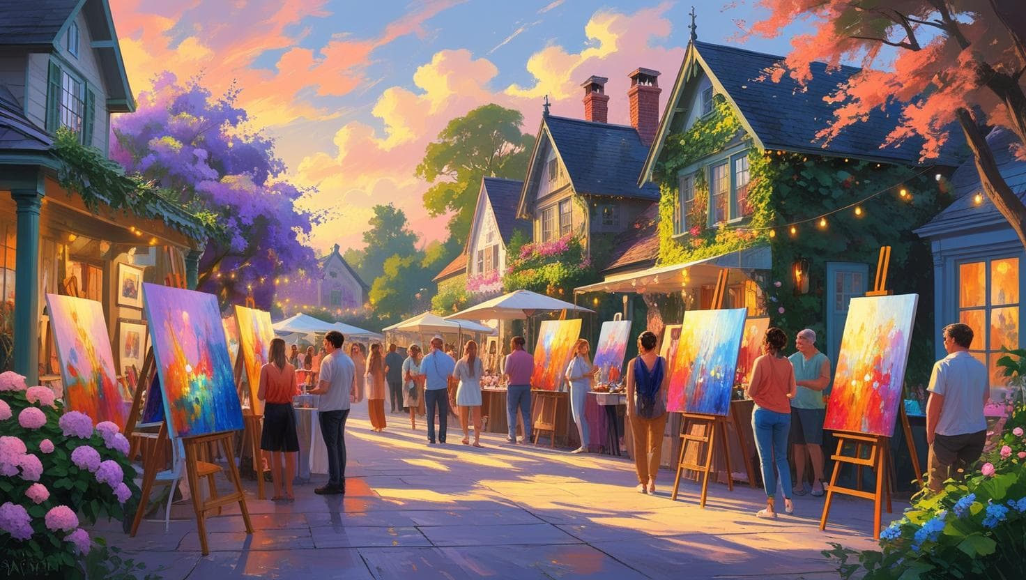 Artists and visitors enjoying an outdoor art festival in a vibrant village setting at sunset.
